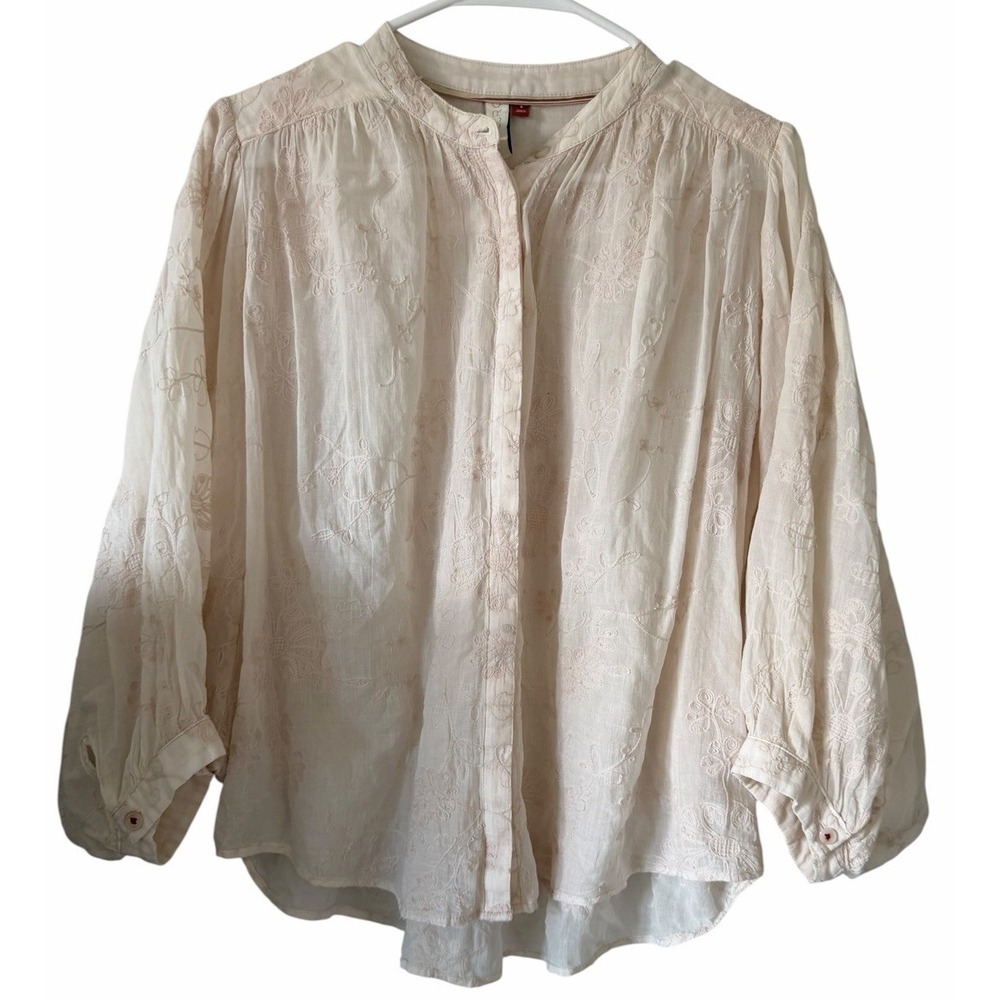 Anthropologie Pilcro Tavi‎ Embroidered Button Down Blouse Bisque Women's Small